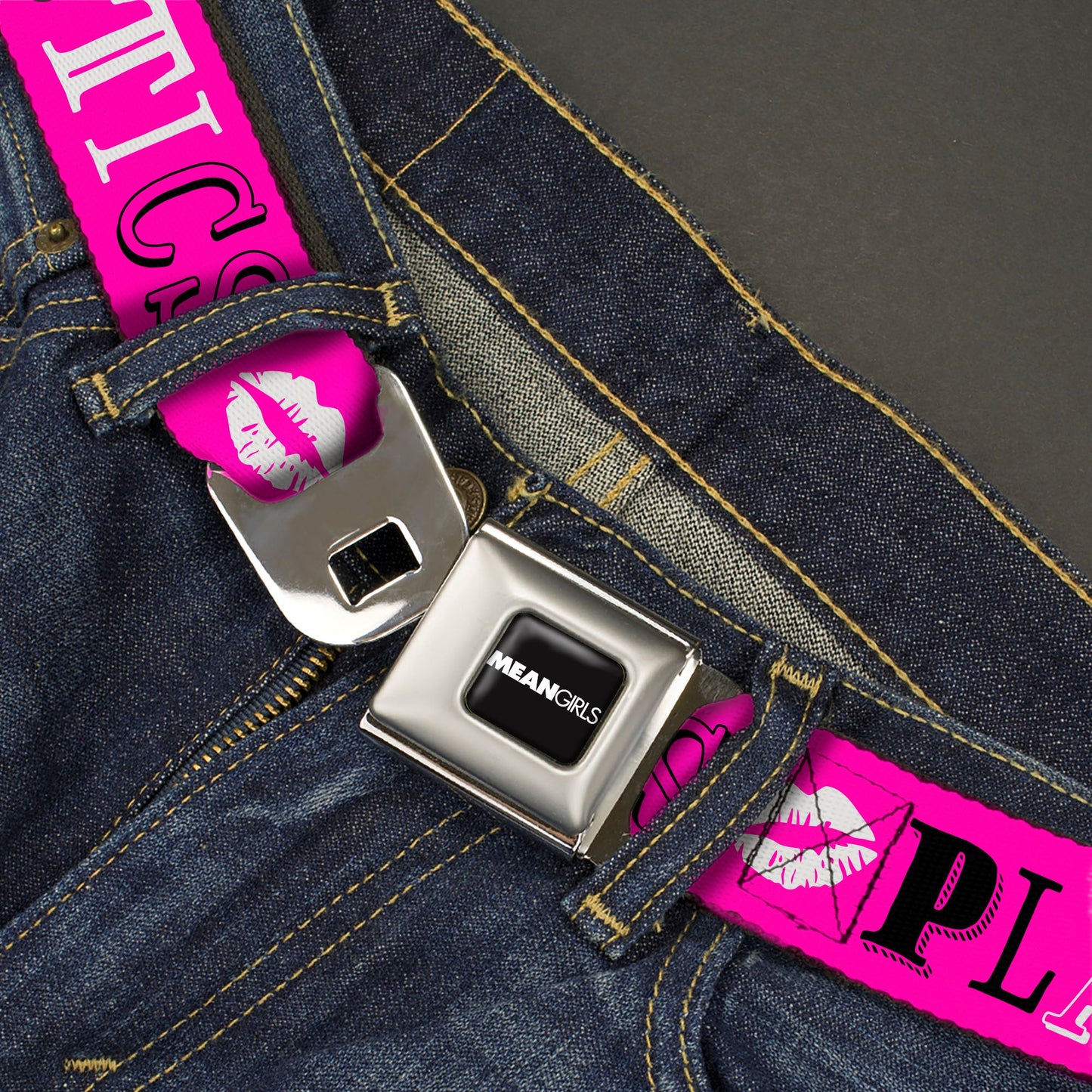 MEAN GIRLS Title Logo Full Color Black/White Seatbelt Belt - Mean Girls PLASTICS Collage Pink/Black/White Webbing