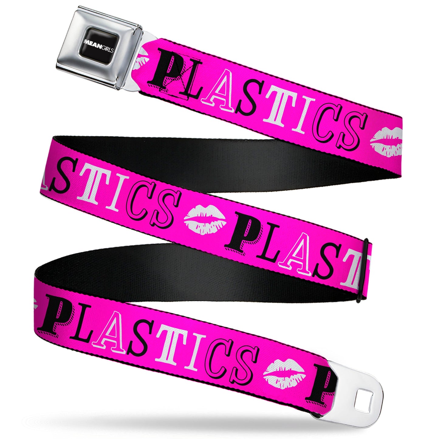 MEAN GIRLS Title Logo Full Color Black/White Seatbelt Belt - Mean Girls PLASTICS Collage Pink/Black/White Webbing