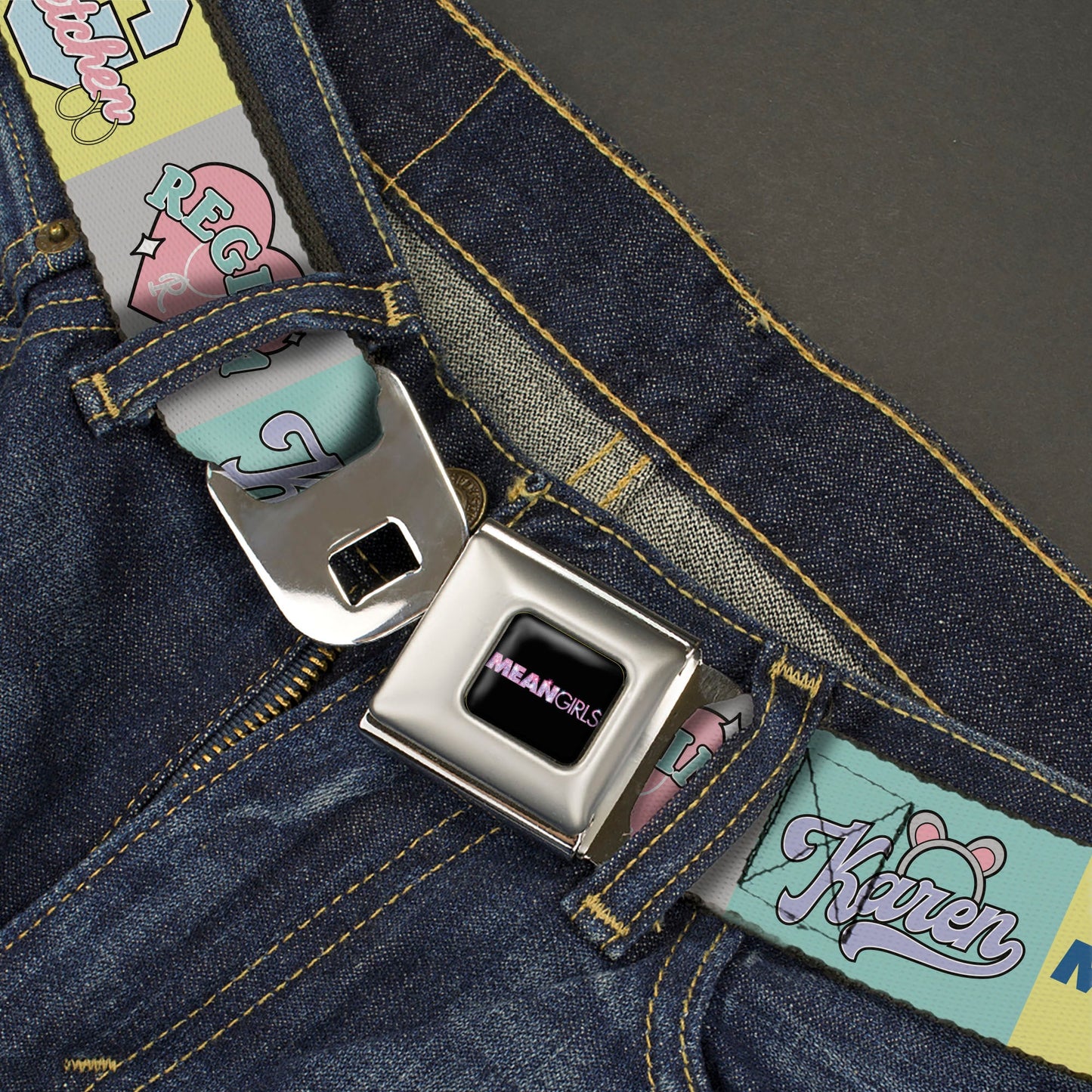 MEAN GIRLS Title Logo Full Color Black/White Seatbelt Belt - Mean Girls the Plastics Icon Blocks Multi Pastel Webbing
