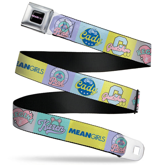 MEAN GIRLS Title Logo Full Color Black/White Seatbelt Belt - Mean Girls the Plastics Icon Blocks Multi Pastel Webbing