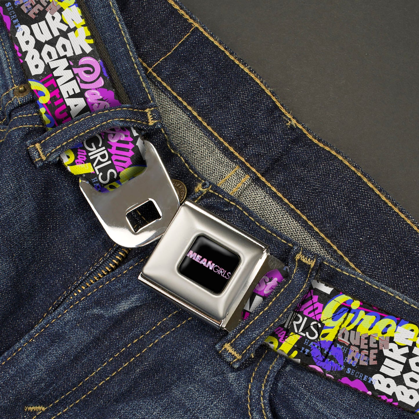 MEAN GIRLS Title Logo Full Color Black/White Seatbelt Belt - Mean Girls Catch Phrases Collage Black/Multi Color Webbing
