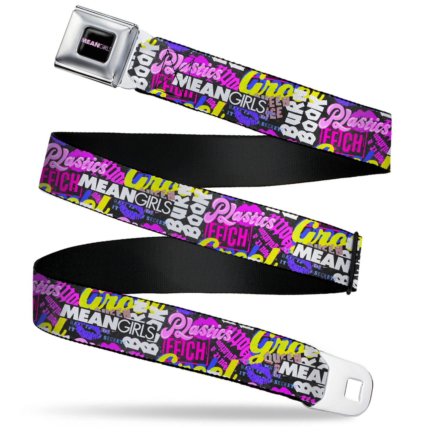 MEAN GIRLS Title Logo Full Color Black/White Seatbelt Belt - Mean Girls Catch Phrases Collage Black/Multi Color Webbing
