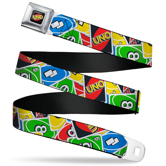 UNO Game Logo Full Color Black/Red/Yellow Seatbelt Belt - UNO Cards Stacked Collage Multi Color Webbing