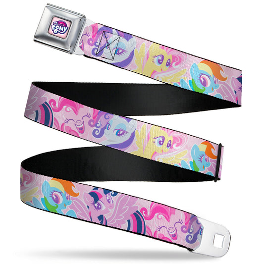 MY LITTLE PONY Title Logo Full Color Pink/White Seatbelt Belt - My Litlle Pony Five Pony Poses Pink Webbing