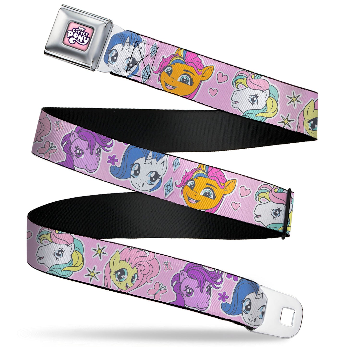 MY LITTLE PONY Title Logo Full Color Pinks/Purples/White Seatbelt Belt - My Little Pony Generations Five Pony Faces and Cutie Marks Pink Webbing