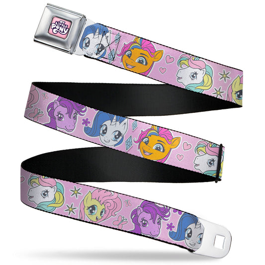 MY LITTLE PONY Title Logo Full Color Pinks/Purples/White Seatbelt Belt - My Little Pony Generations Five Pony Faces and Cutie Marks Pink Webbing