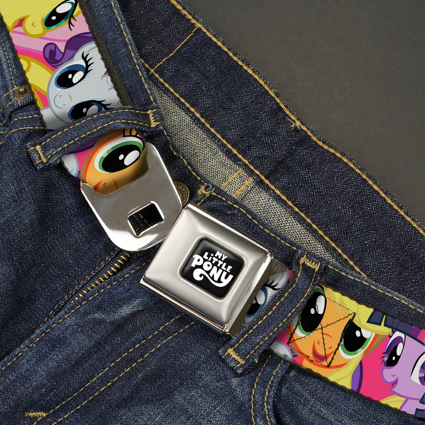 MY LITTLE PONY Title Logo Full Color Black/Purple/White Seatbelt Belt - My Little Pony Mane Six Eye Expressions Close-Up Multi Color Webbing