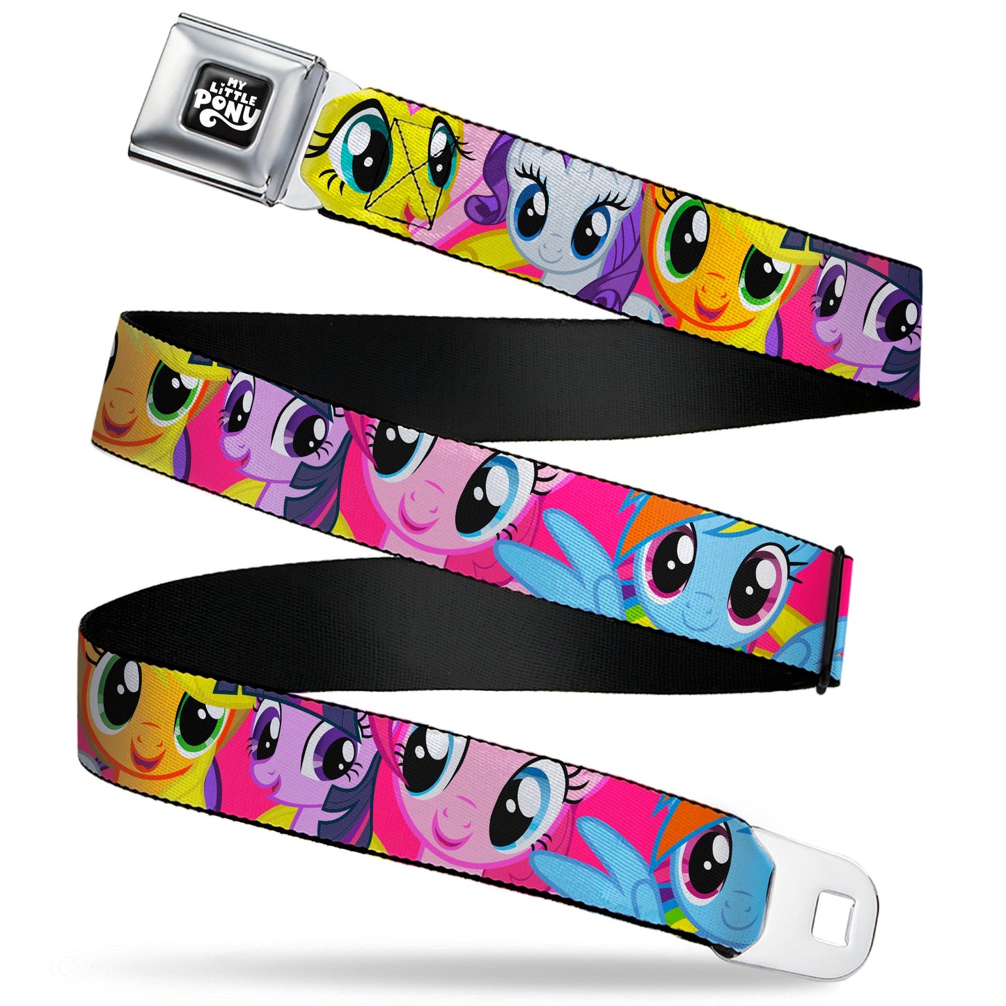 MY LITTLE PONY Title Logo Full Color Black/Purple/White Seatbelt Belt - My Little Pony Mane Six Eye Expressions Close-Up Multi Color Webbing