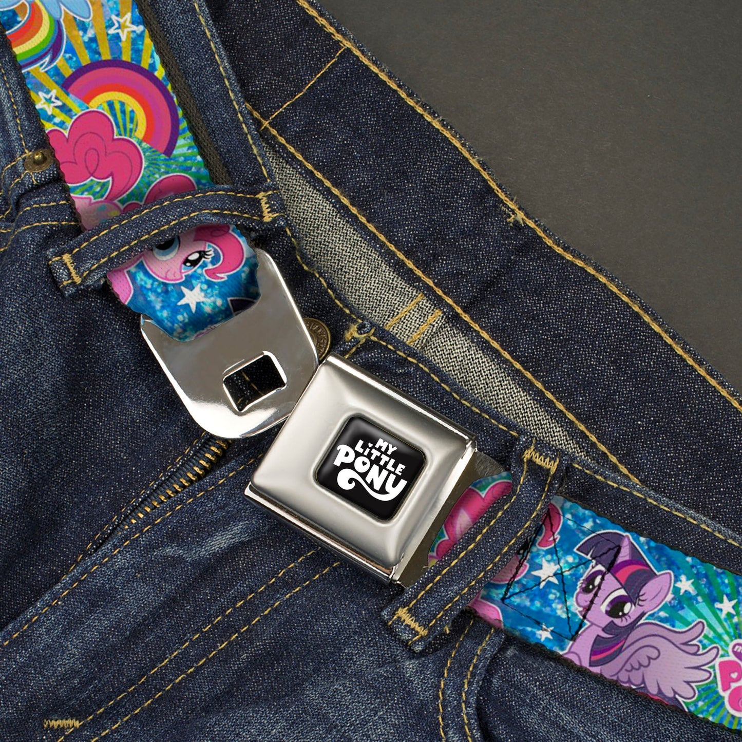 MY LITTLE PONY Title Logo Full Color Black/Purple/White Seatbelt Belt - My Little Pony Three Ponies and Spike Pose Rainbows and Rays Blues/Multi Color Webbing