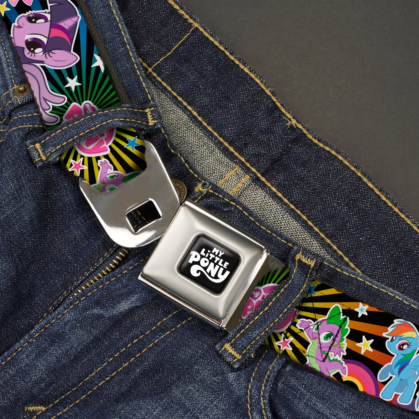 MY LITTLE PONY Title Logo Full Color Black/Purple/White Seatbelt Belt - My Little Pony Three Ponies and Spike Poses and Rays Black/Multi Color Webbing