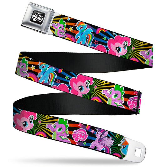 MY LITTLE PONY Title Logo Full Color Black/Purple/White Seatbelt Belt - My Little Pony Three Ponies and Spike Poses and Rays Black/Multi Color Webbing