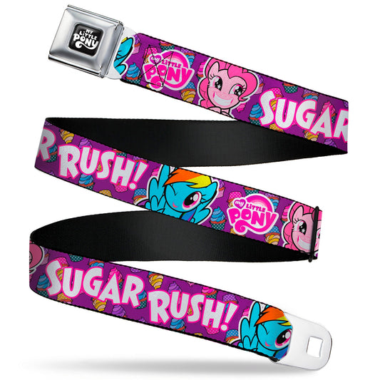 MY LITTLE PONY Title Logo Full Color Black/Purple/White Seatbelt Belt - My Little Pony Pinkie Pie and Rainbow Dash SUGAR RUSH Pose Purple Webbing