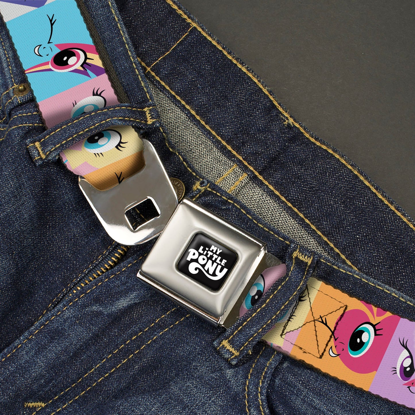 MY LITTLE PONY Title Logo Full Color Black/Purple/White Seatbelt Belt - My Little Pony Mane Six Cutie Mark Expression Blocks Multi Color Webbing