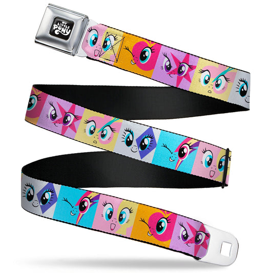 MY LITTLE PONY Title Logo Full Color Black/Purple/White Seatbelt Belt - My Little Pony Mane Six Cutie Mark Expression Blocks Multi Color Webbing