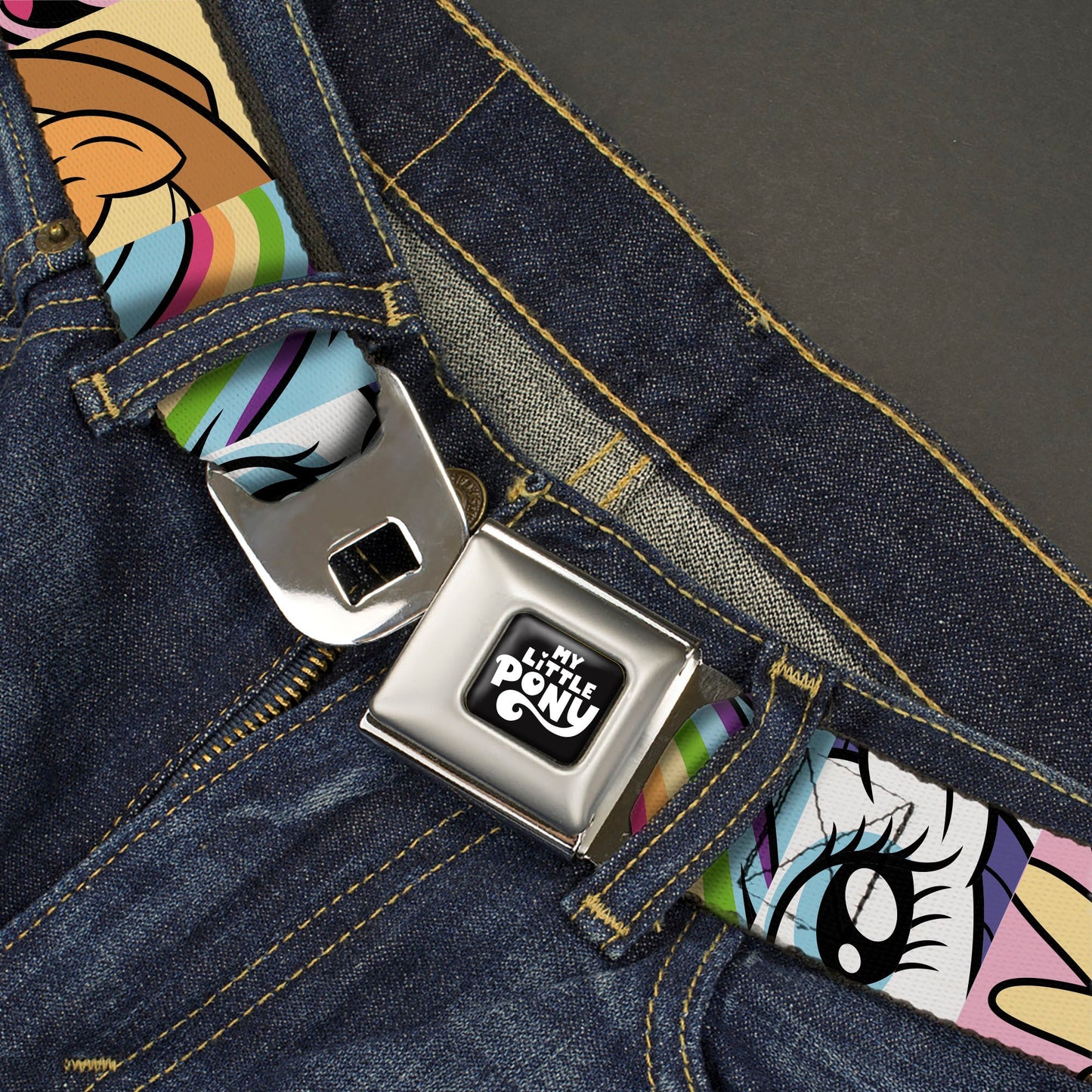MY LITTLE PONY Title Logo Full Color Black/Purple/White Seatbelt Belt - My Little Pony Mane Six Character Close-Up Blocks Multi Color Webbing