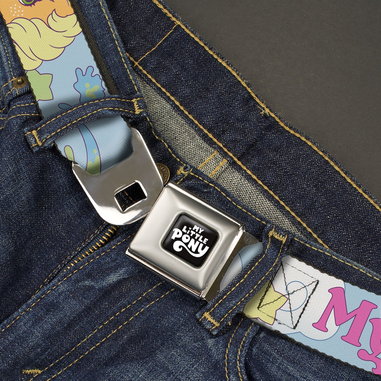 MY LITTLE PONY Title Logo Full Color Black/Purple/White Seatbelt Belt - MY LITTLE PONY Firefly Applejack and Posey Group Pose with Title Logo Light Blue Webbing
