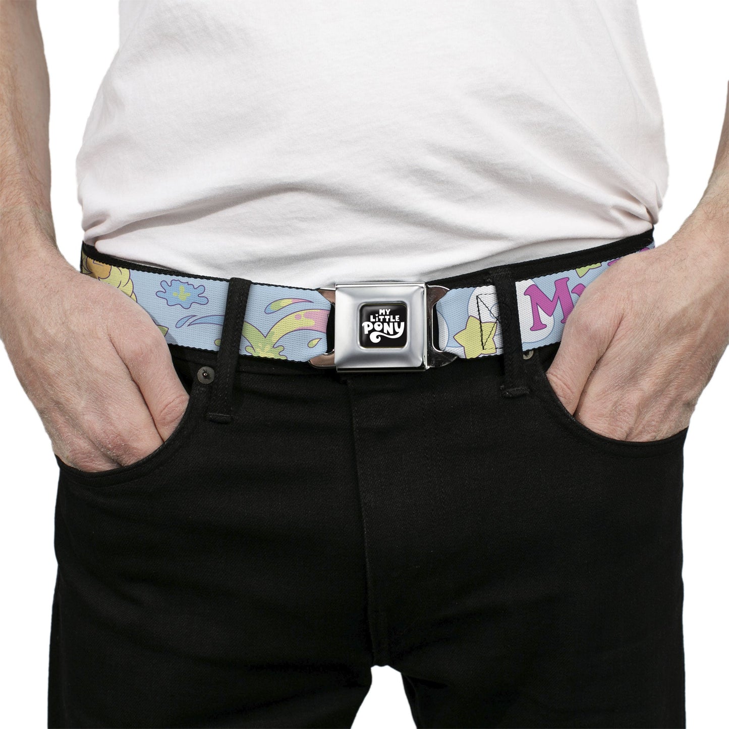 MY LITTLE PONY Title Logo Full Color Black/Purple/White Seatbelt Belt - MY LITTLE PONY Firefly Applejack and Posey Group Pose with Title Logo Light Blue Webbing