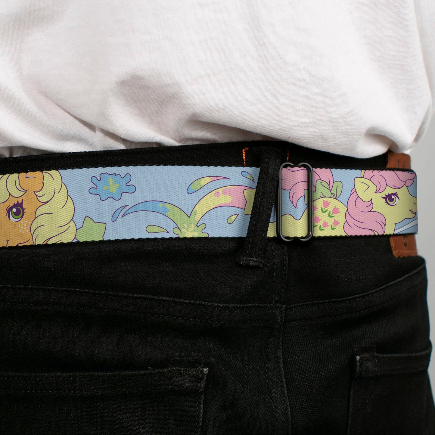 MY LITTLE PONY Title Logo Full Color Black/Purple/White Seatbelt Belt - MY LITTLE PONY Firefly Applejack and Posey Group Pose with Title Logo Light Blue Webbing