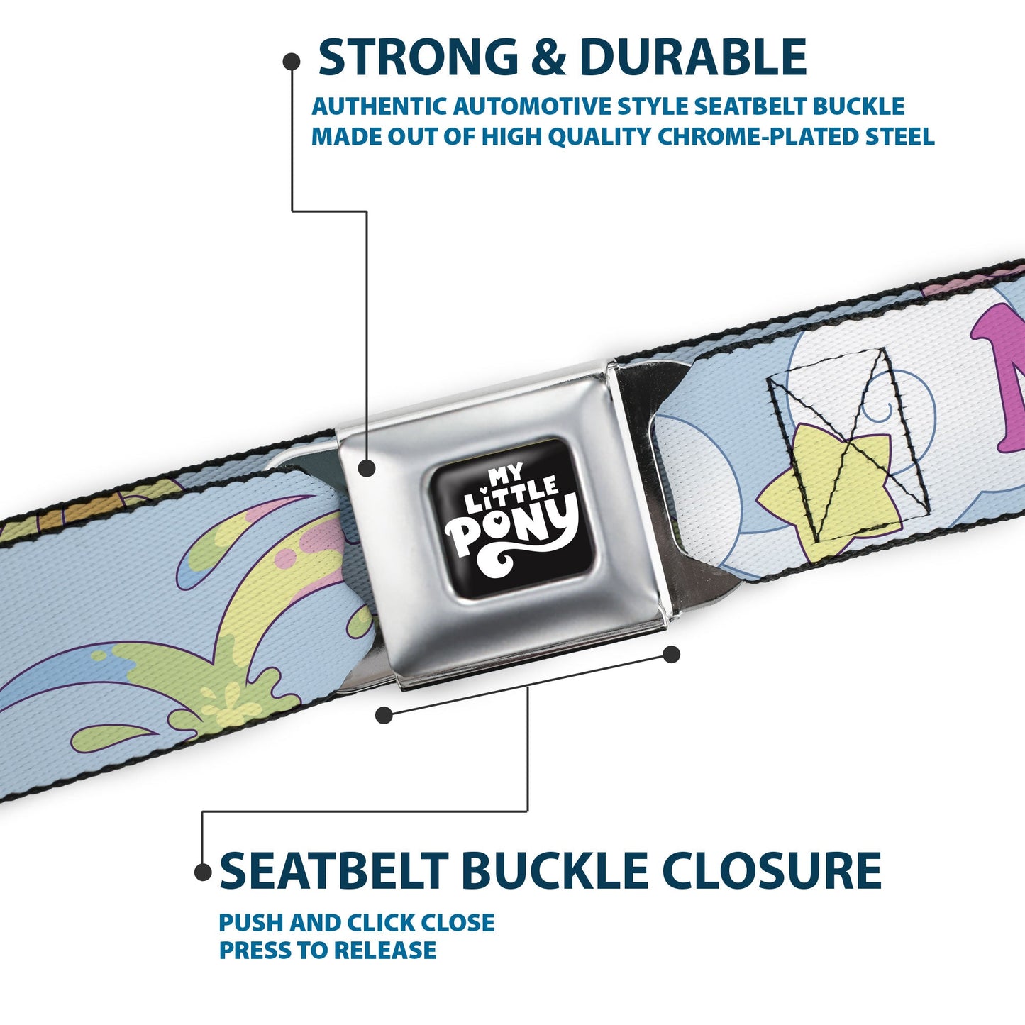 MY LITTLE PONY Title Logo Full Color Black/Purple/White Seatbelt Belt - MY LITTLE PONY Firefly Applejack and Posey Group Pose with Title Logo Light Blue Webbing