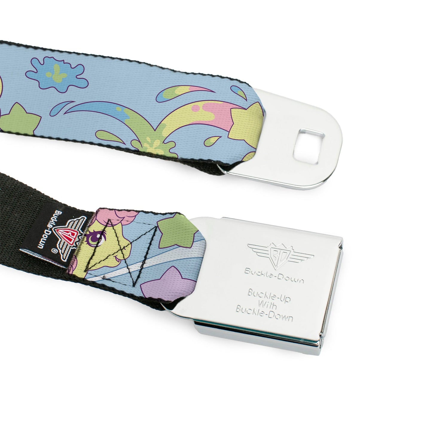 MY LITTLE PONY Title Logo Full Color Black/Purple/White Seatbelt Belt - MY LITTLE PONY Firefly Applejack and Posey Group Pose with Title Logo Light Blue Webbing