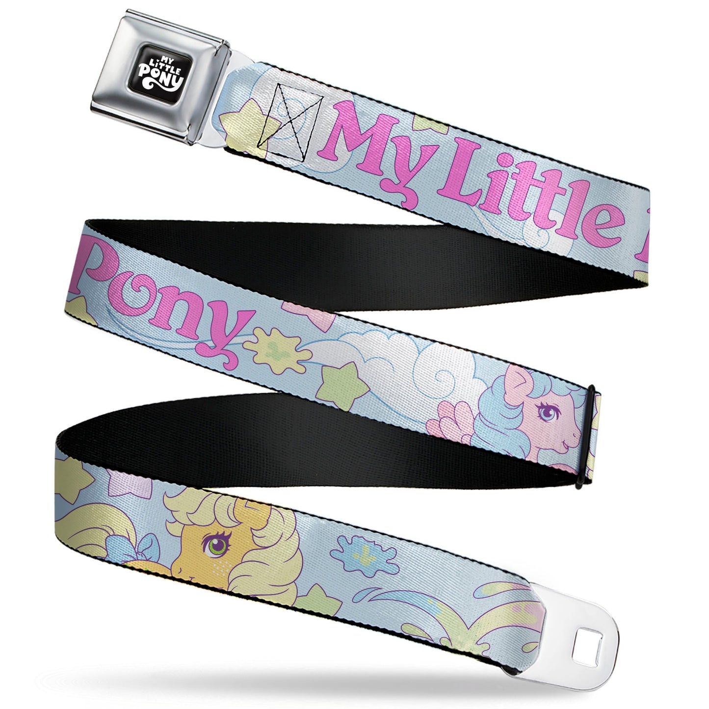 MY LITTLE PONY Title Logo Full Color Black/Purple/White Seatbelt Belt - MY LITTLE PONY Firefly Applejack and Posey Group Pose with Title Logo Light Blue Webbing