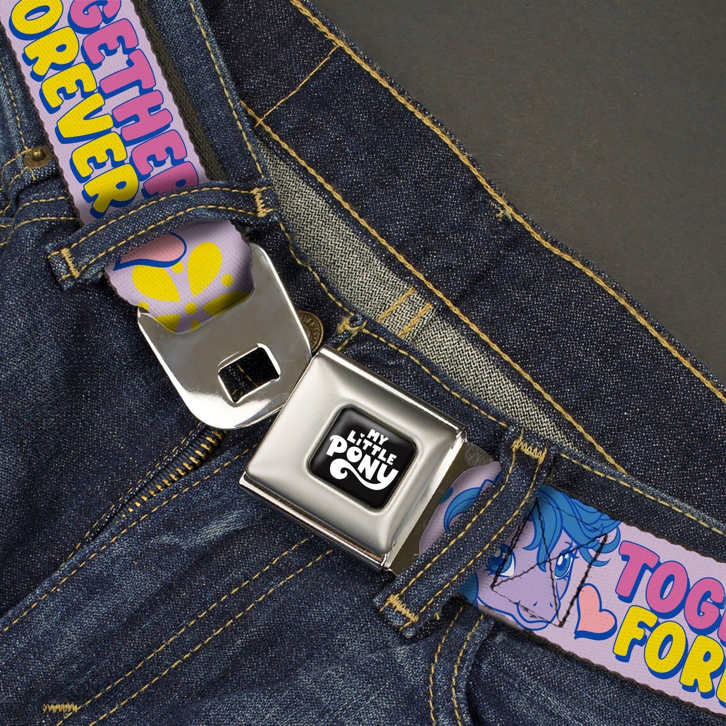 MY LITTLE PONY Title Logo Full Color Black/Purple/White Seatbelt Belt - MY LITTLE PONY Three Ponies TOGETHER FOREVER Multi Color Webbing