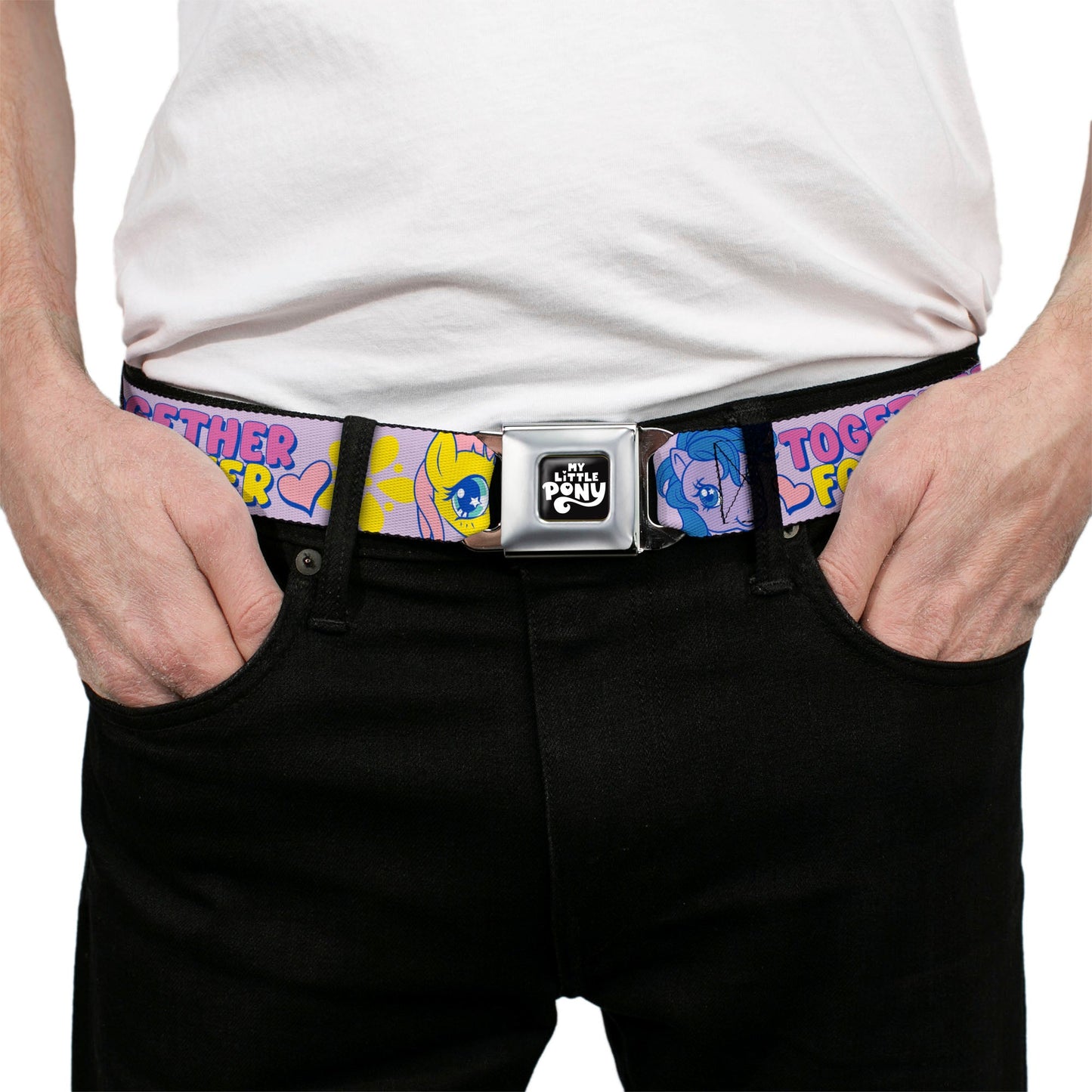MY LITTLE PONY Title Logo Full Color Black/Purple/White Seatbelt Belt - MY LITTLE PONY Three Ponies TOGETHER FOREVER Multi Color Webbing