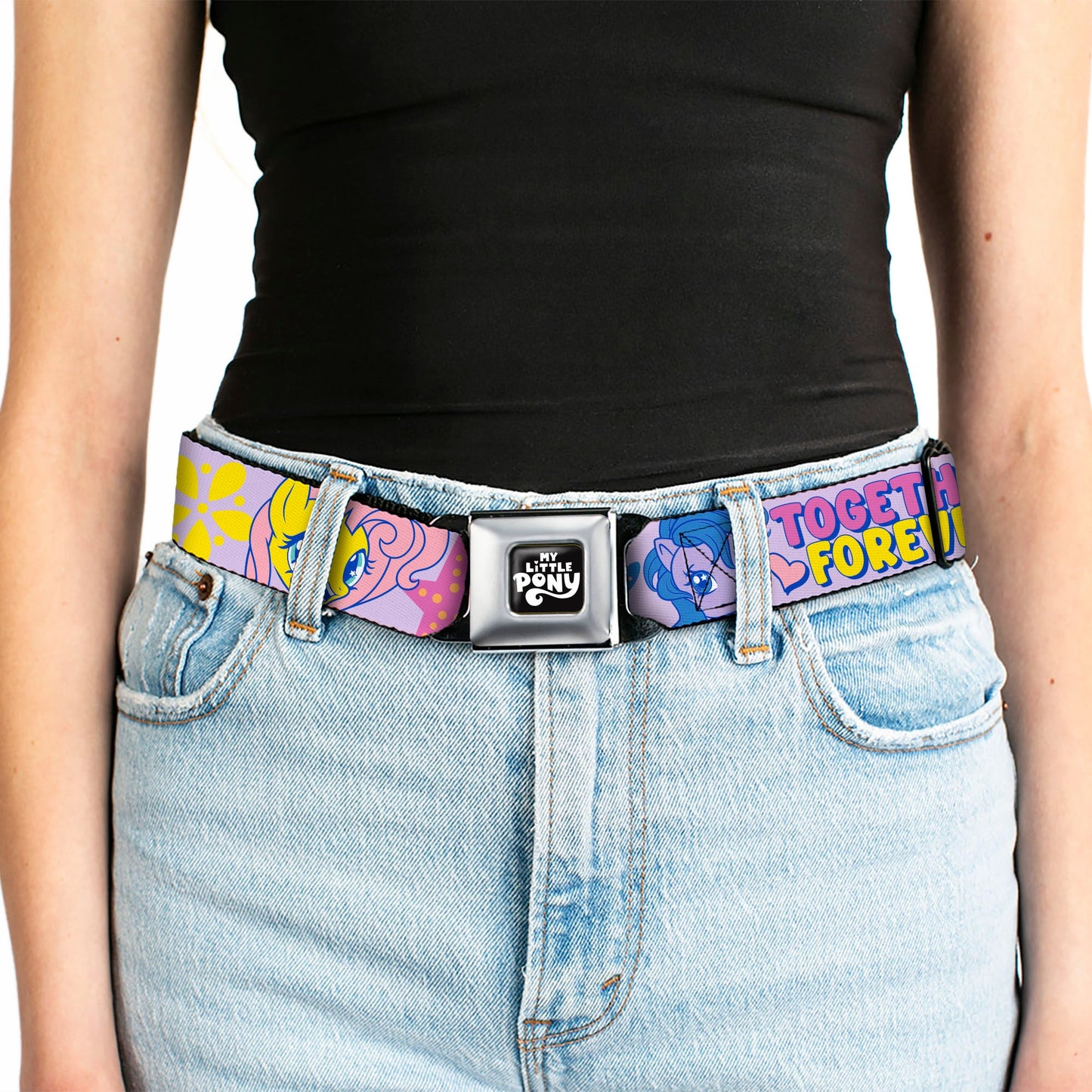 MY LITTLE PONY Title Logo Full Color Black/Purple/White Seatbelt Belt - MY LITTLE PONY Three Ponies TOGETHER FOREVER Multi Color Webbing