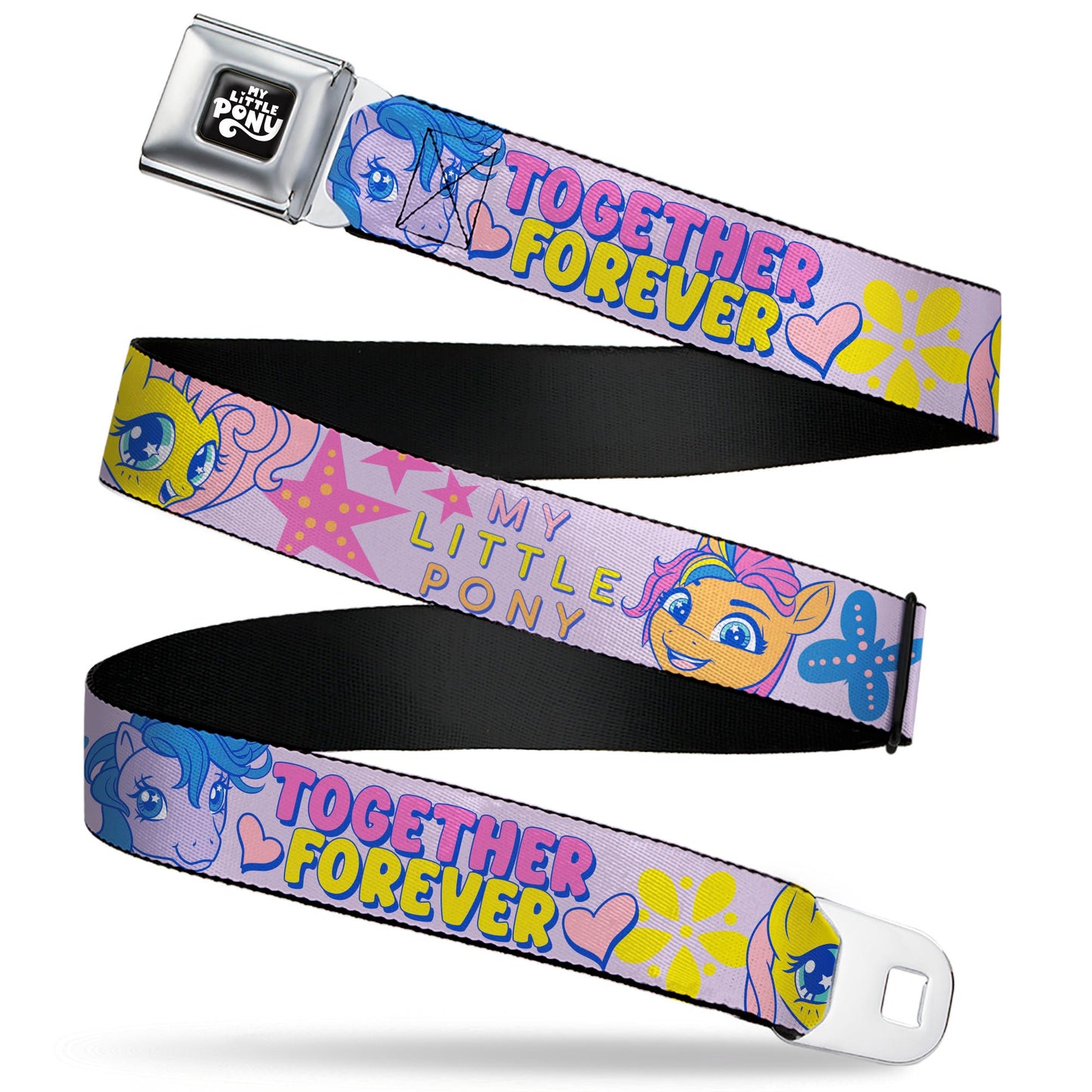 MY LITTLE PONY Title Logo Full Color Black/Purple/White Seatbelt Belt - MY LITTLE PONY Three Ponies TOGETHER FOREVER Multi Color Webbing