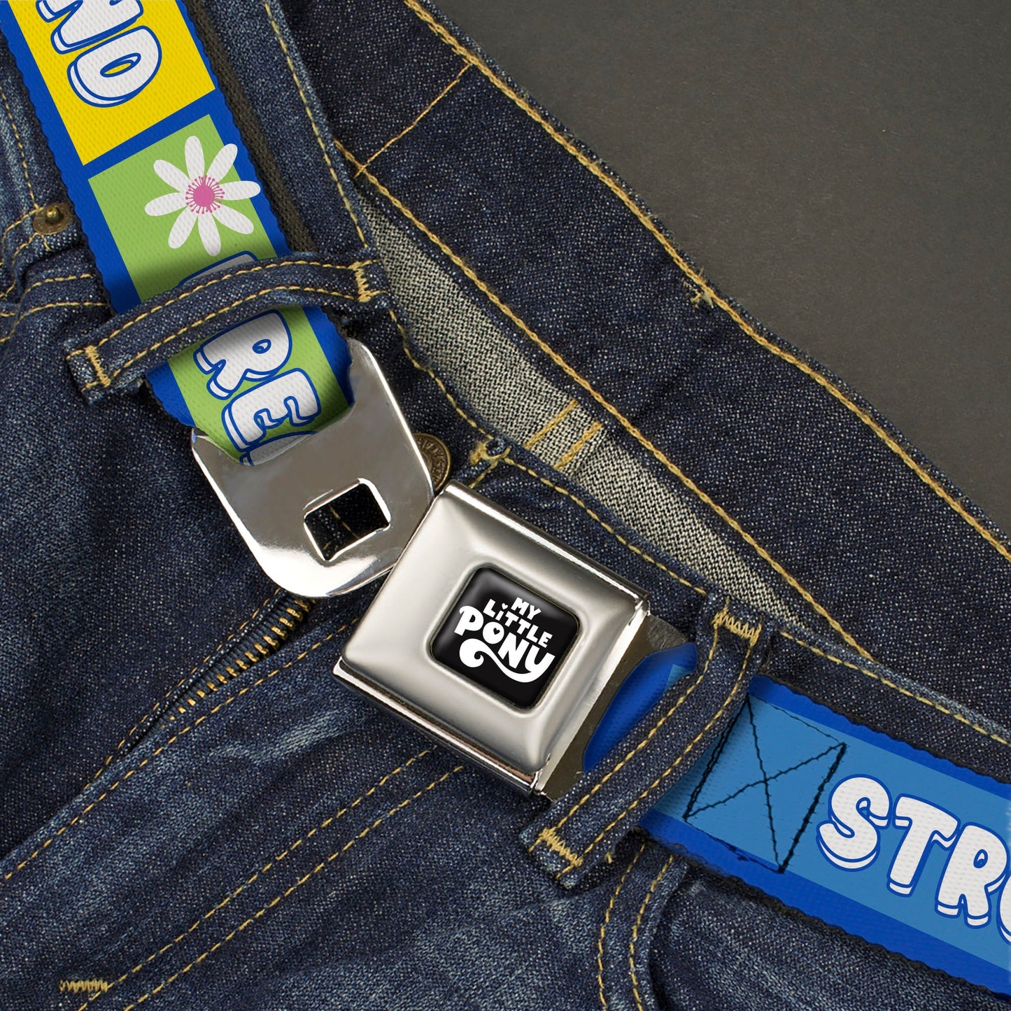 MY LITTLE PONY Title Logo Full Color Black/Purple/White Seatbelt Belt - MY LITTLE PONY Three Ponies Trait Text Blocks Blue/Multi Color Webbing