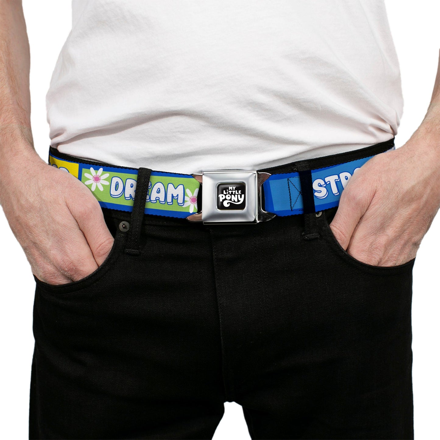 MY LITTLE PONY Title Logo Full Color Black/Purple/White Seatbelt Belt - MY LITTLE PONY Three Ponies Trait Text Blocks Blue/Multi Color Webbing