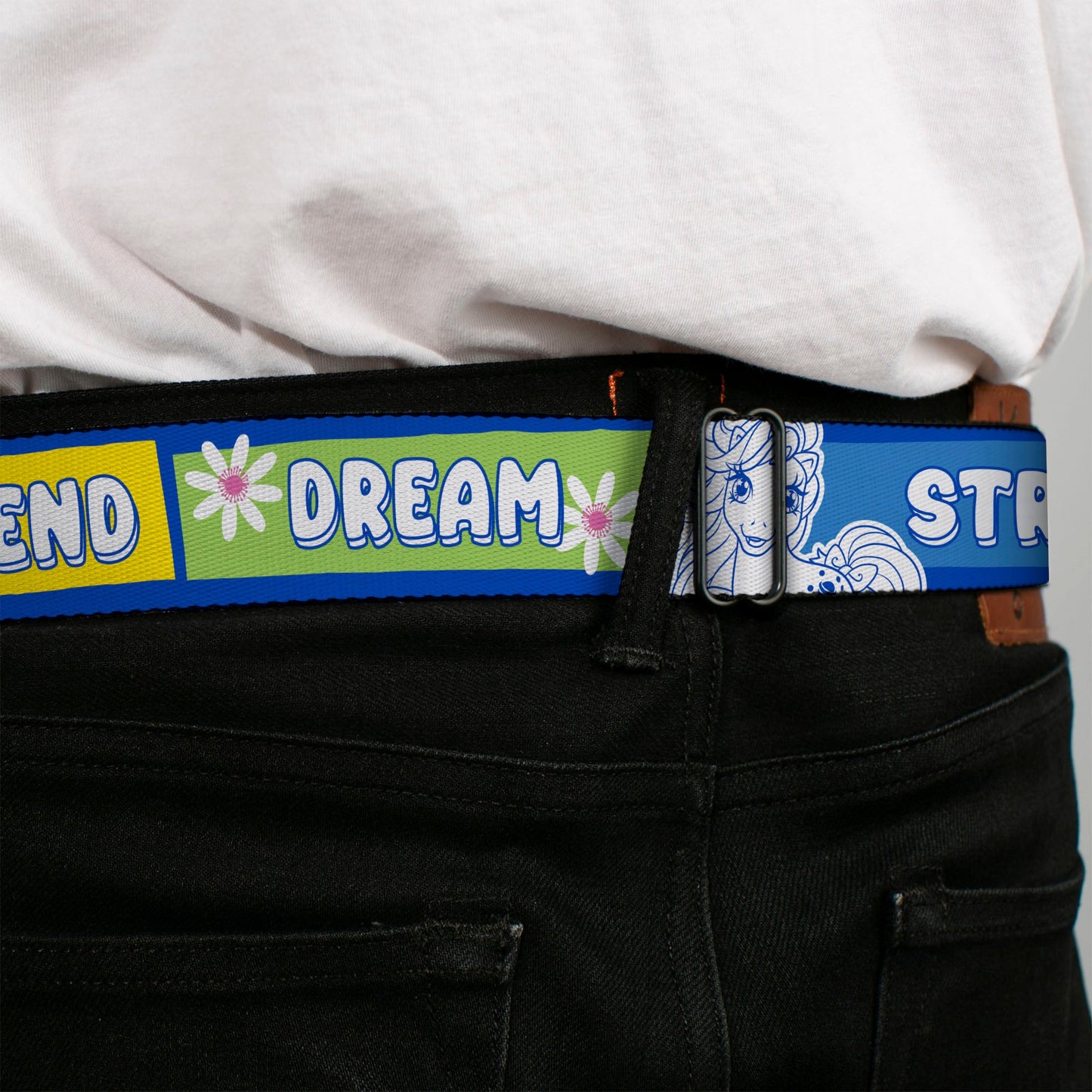 MY LITTLE PONY Title Logo Full Color Black/Purple/White Seatbelt Belt - MY LITTLE PONY Three Ponies Trait Text Blocks Blue/Multi Color Webbing