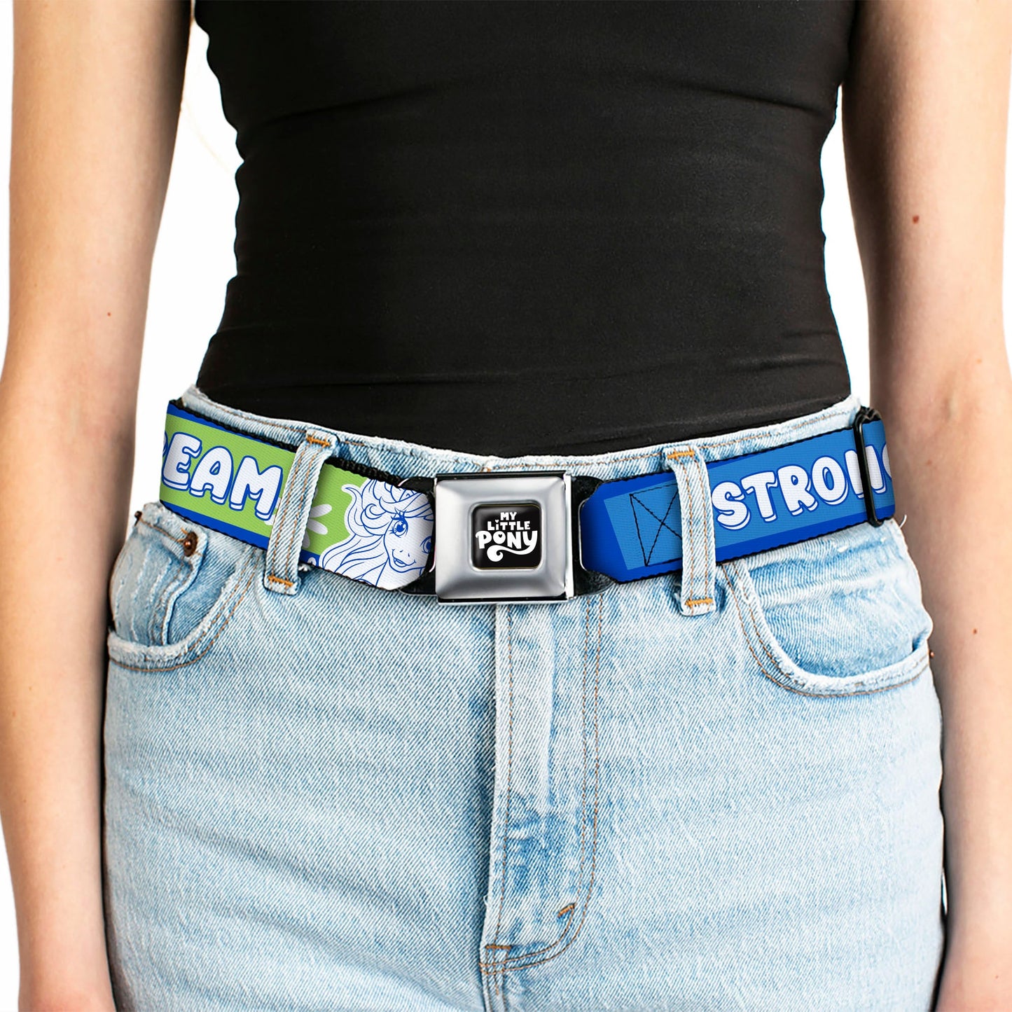 MY LITTLE PONY Title Logo Full Color Black/Purple/White Seatbelt Belt - MY LITTLE PONY Three Ponies Trait Text Blocks Blue/Multi Color Webbing
