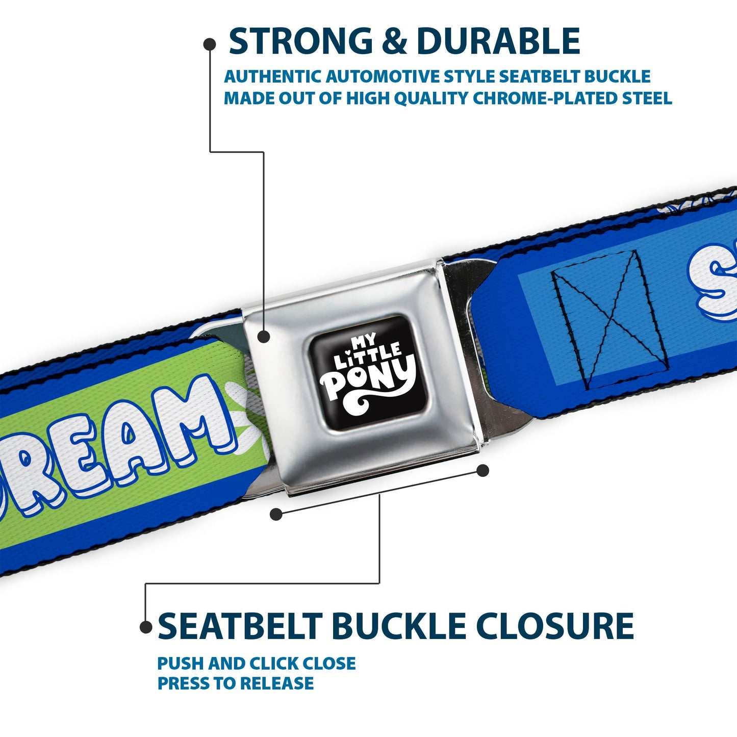 MY LITTLE PONY Title Logo Full Color Black/Purple/White Seatbelt Belt - MY LITTLE PONY Three Ponies Trait Text Blocks Blue/Multi Color Webbing