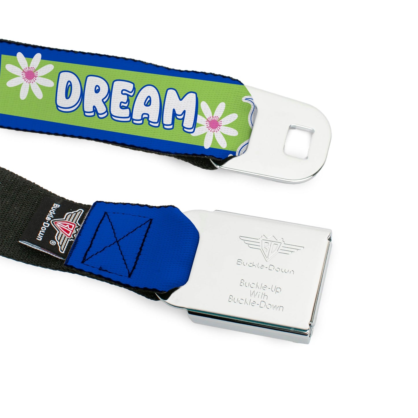 MY LITTLE PONY Title Logo Full Color Black/Purple/White Seatbelt Belt - MY LITTLE PONY Three Ponies Trait Text Blocks Blue/Multi Color Webbing