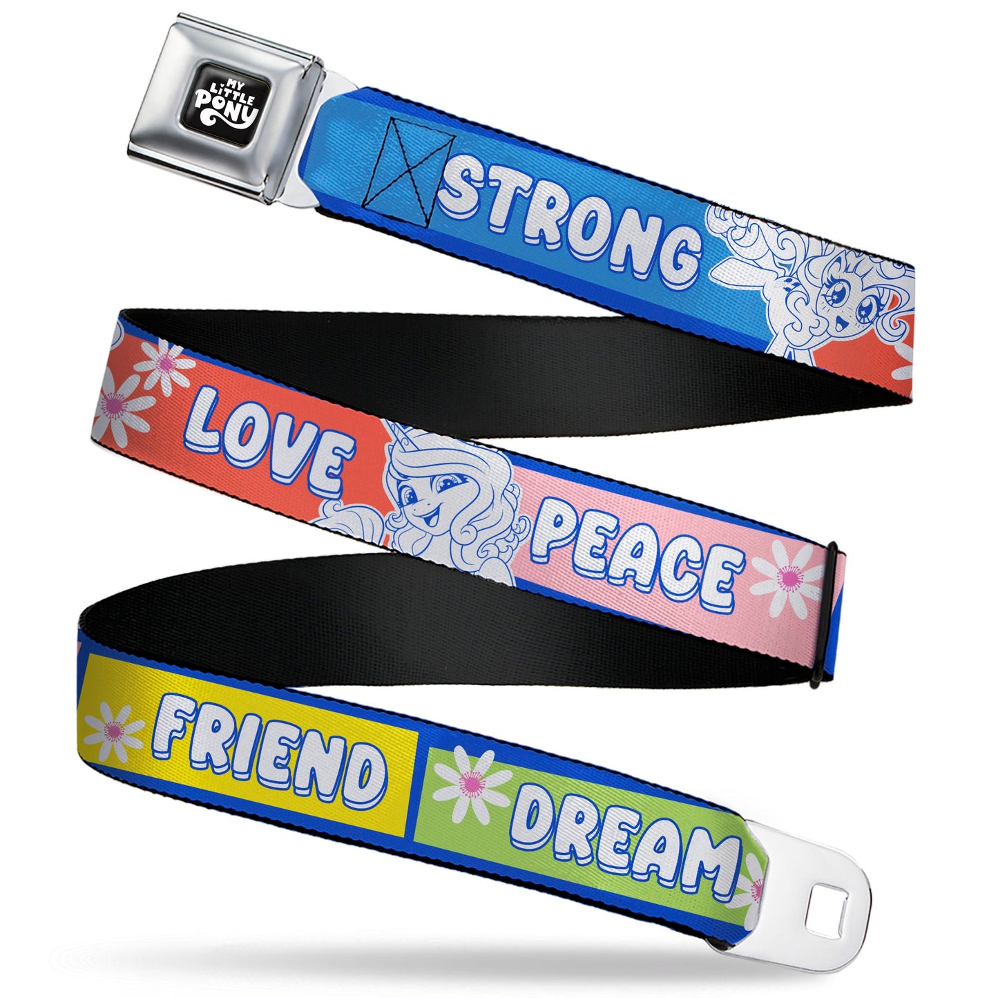 MY LITTLE PONY Title Logo Full Color Black/Purple/White Seatbelt Belt - MY LITTLE PONY Three Ponies Trait Text Blocks Blue/Multi Color Webbing