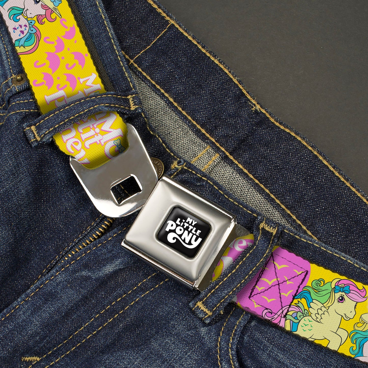 MY LITTLE PONY Title Logo Full Color Black/Purple/White Seatbelt Belt - MON PETIT PONEY Two Ponies and Cutie Marks Collage Yellow/Pink Webbing