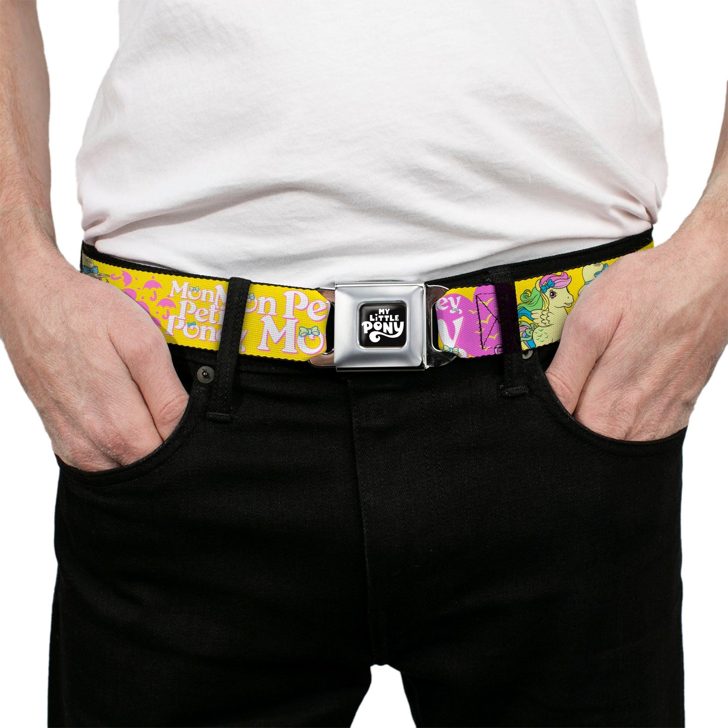 MY LITTLE PONY Title Logo Full Color Black/Purple/White Seatbelt Belt - MON PETIT PONEY Two Ponies and Cutie Marks Collage Yellow/Pink Webbing