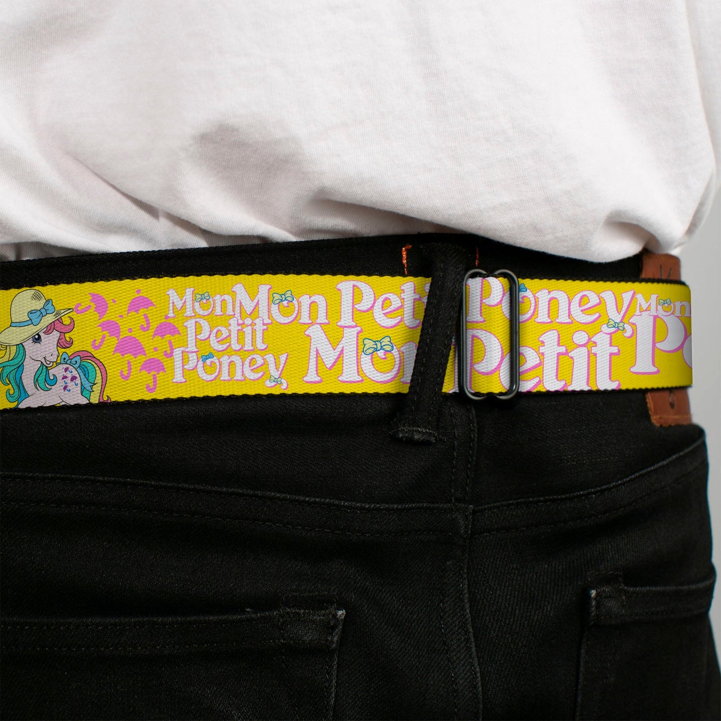 MY LITTLE PONY Title Logo Full Color Black/Purple/White Seatbelt Belt - MON PETIT PONEY Two Ponies and Cutie Marks Collage Yellow/Pink Webbing