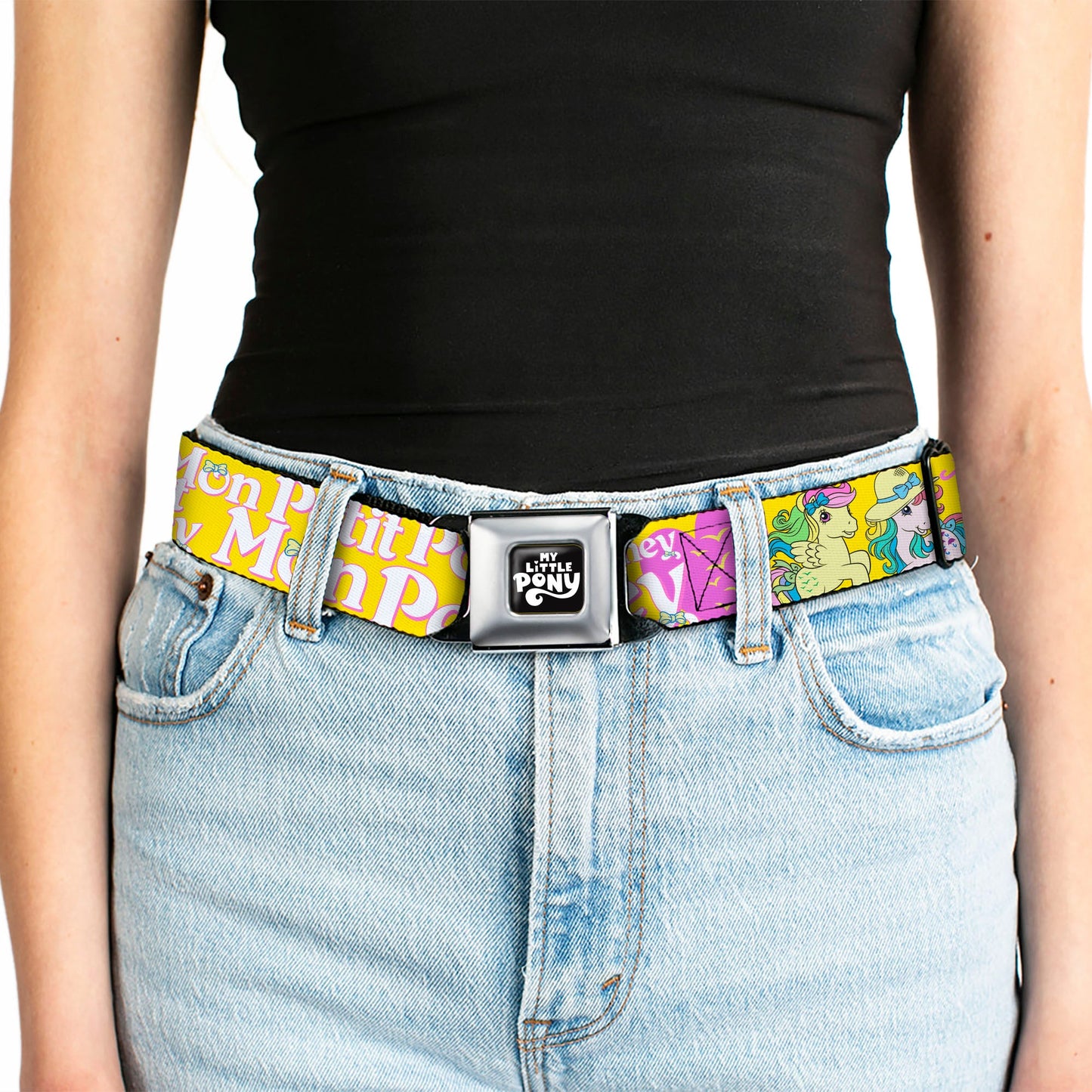 MY LITTLE PONY Title Logo Full Color Black/Purple/White Seatbelt Belt - MON PETIT PONEY Two Ponies and Cutie Marks Collage Yellow/Pink Webbing