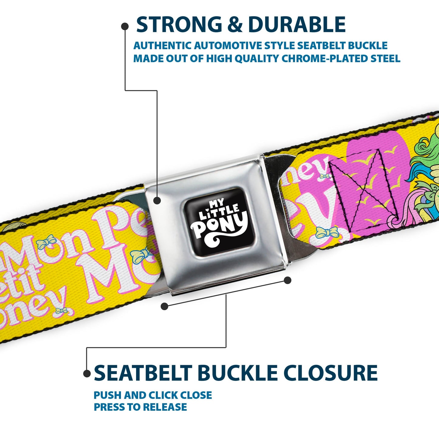 MY LITTLE PONY Title Logo Full Color Black/Purple/White Seatbelt Belt - MON PETIT PONEY Two Ponies and Cutie Marks Collage Yellow/Pink Webbing