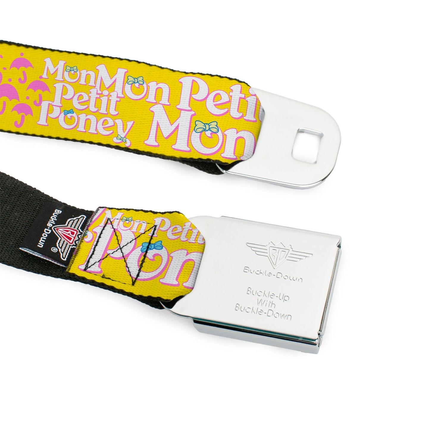 MY LITTLE PONY Title Logo Full Color Black/Purple/White Seatbelt Belt - MON PETIT PONEY Two Ponies and Cutie Marks Collage Yellow/Pink Webbing