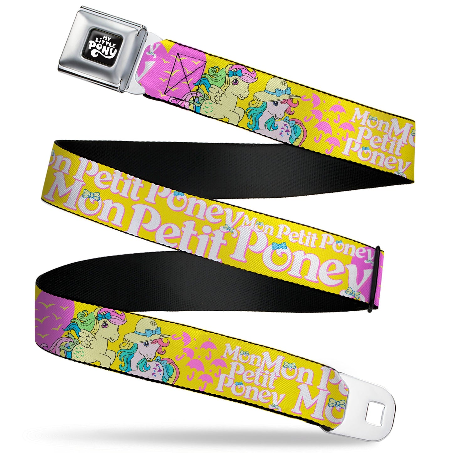 MY LITTLE PONY Title Logo Full Color Black/Purple/White Seatbelt Belt - MON PETIT PONEY Two Ponies and Cutie Marks Collage Yellow/Pink Webbing