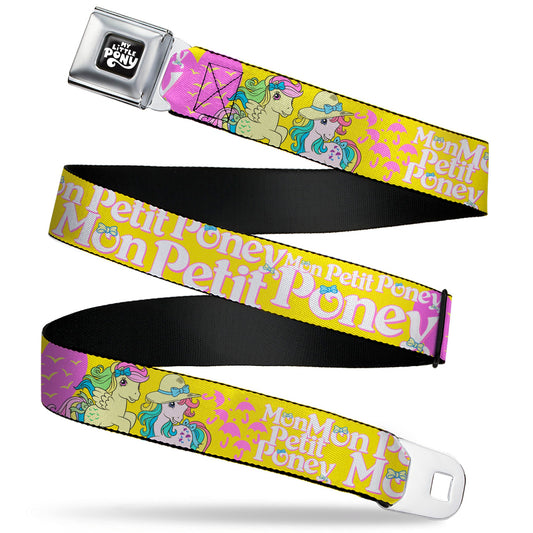 MY LITTLE PONY Title Logo Full Color Black/Purple/White Seatbelt Belt - MON PETIT PONEY Two Ponies and Cutie Marks Collage Yellow/Pink Webbing