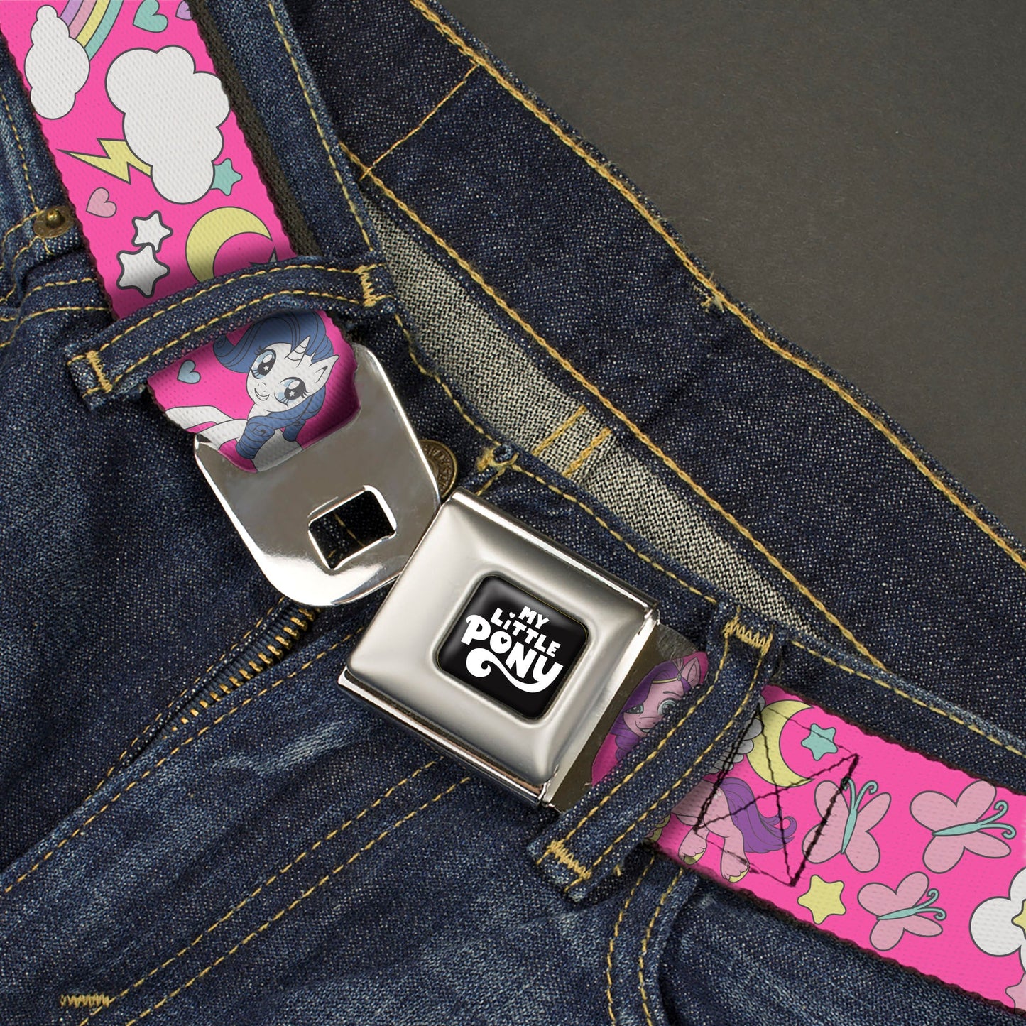 MY LITTLE PONY Title Logo Full Color Black/Purple/White Seatbelt Belt - My Little Pony Four Ponies and Cutie Marks Collage Pink/Multi Color Webbing