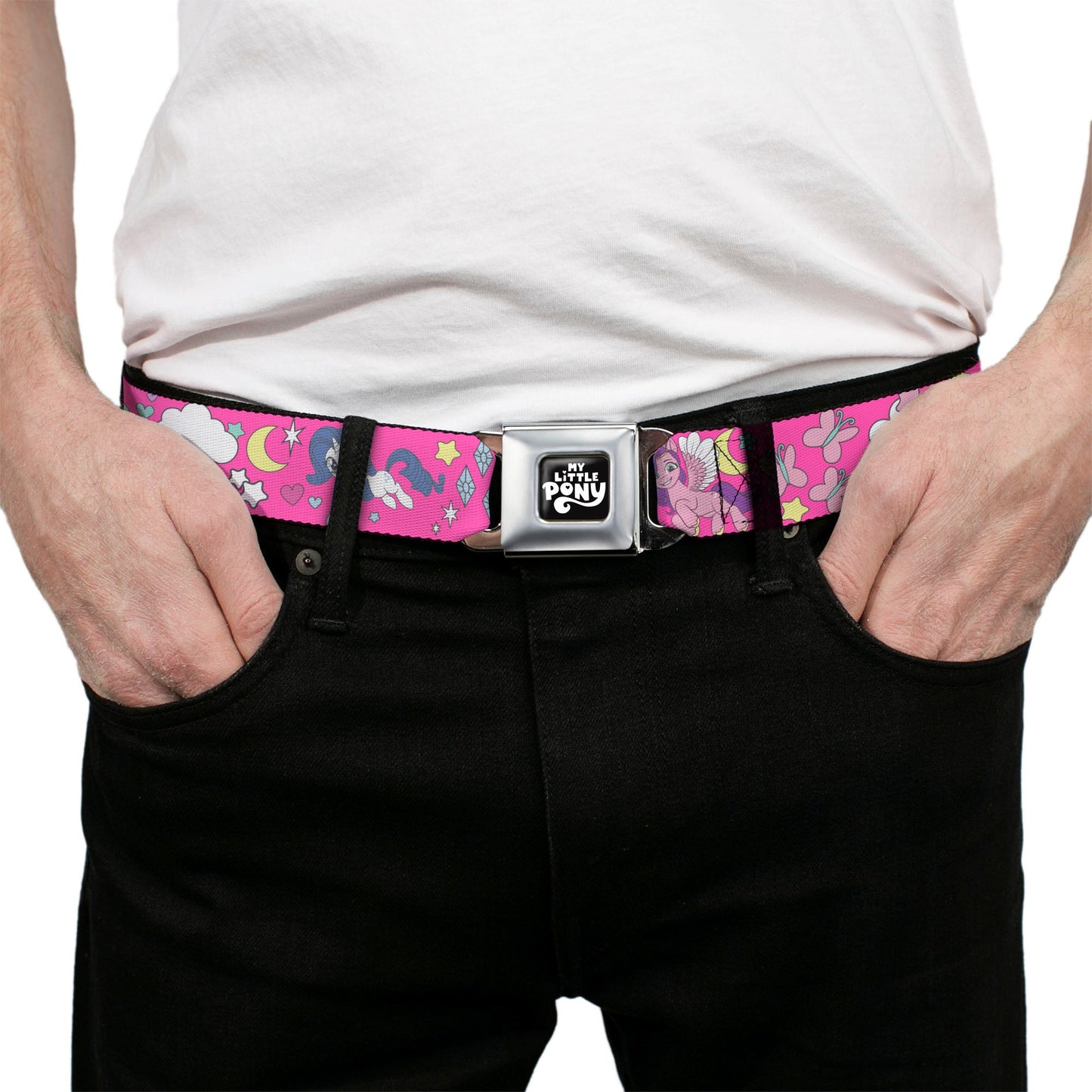 MY LITTLE PONY Title Logo Full Color Black/Purple/White Seatbelt Belt - My Little Pony Four Ponies and Cutie Marks Collage Pink/Multi Color Webbing