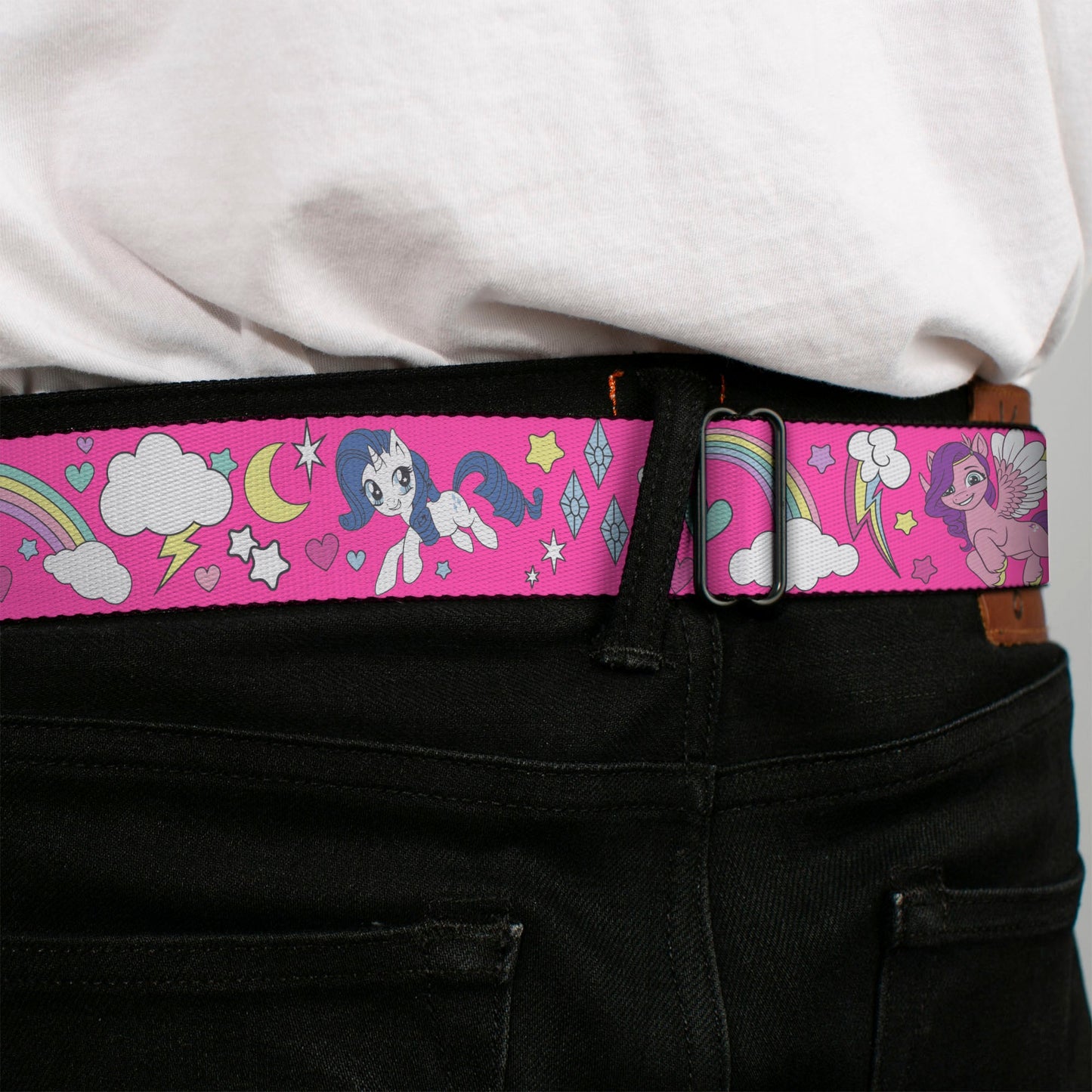 MY LITTLE PONY Title Logo Full Color Black/Purple/White Seatbelt Belt - My Little Pony Four Ponies and Cutie Marks Collage Pink/Multi Color Webbing