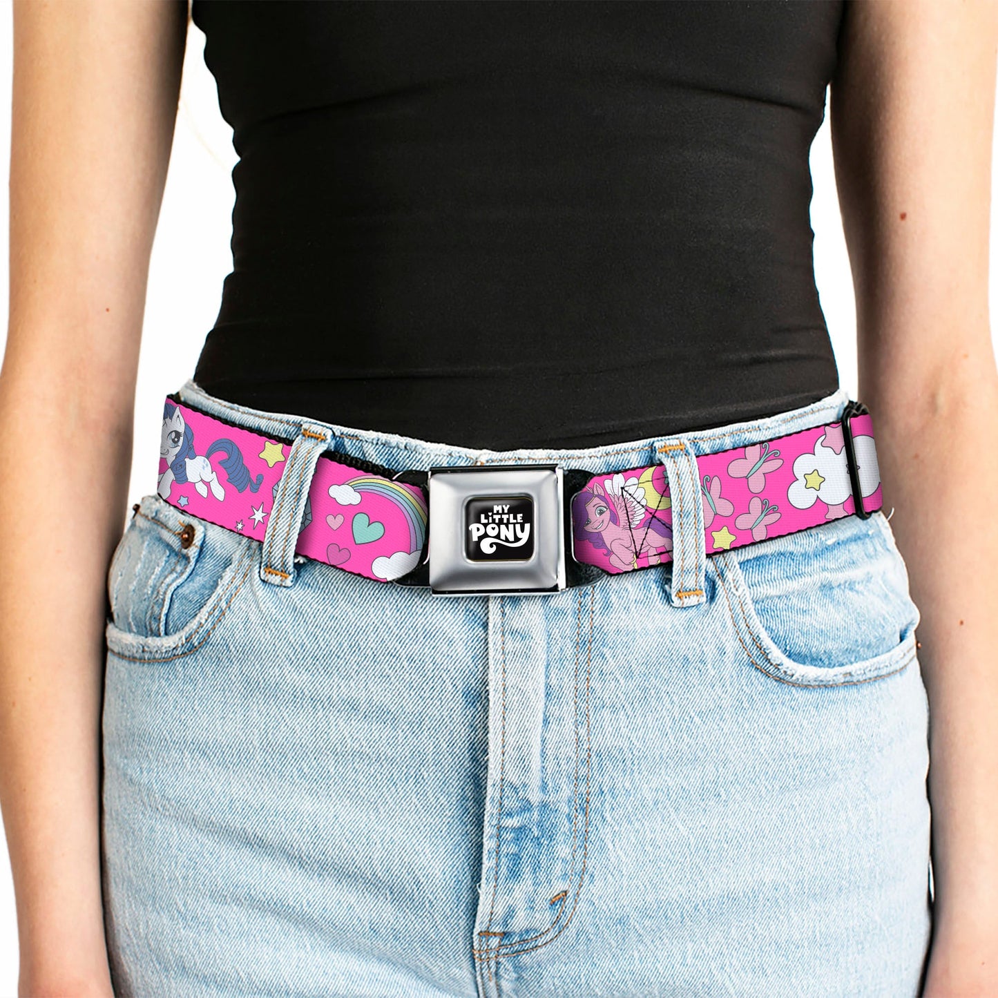 MY LITTLE PONY Title Logo Full Color Black/Purple/White Seatbelt Belt - My Little Pony Four Ponies and Cutie Marks Collage Pink/Multi Color Webbing