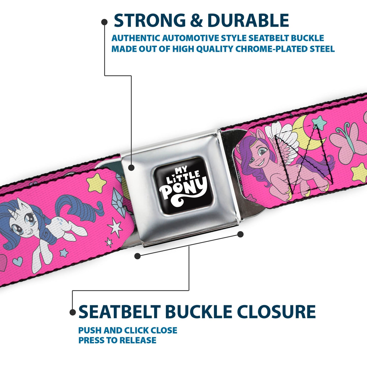 MY LITTLE PONY Title Logo Full Color Black/Purple/White Seatbelt Belt - My Little Pony Four Ponies and Cutie Marks Collage Pink/Multi Color Webbing