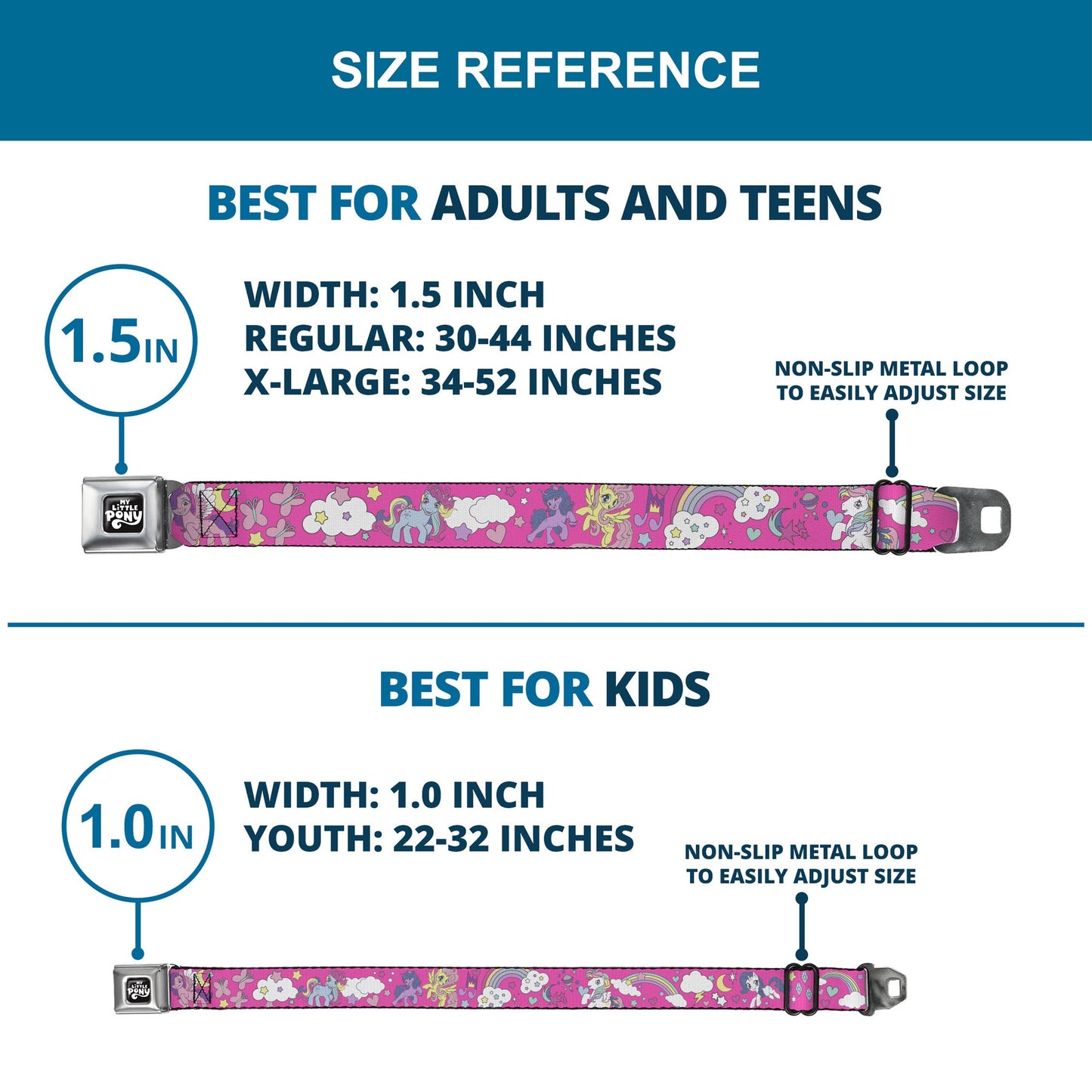 MY LITTLE PONY Title Logo Full Color Black/Purple/White Seatbelt Belt - My Little Pony Four Ponies and Cutie Marks Collage Pink/Multi Color Webbing